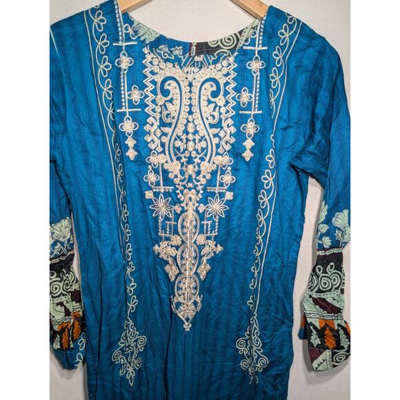 Middle Eastern Womens Patiyala Kaftan Dress Sz M Turquoise Embroidered Indian - Picture 2 of 7